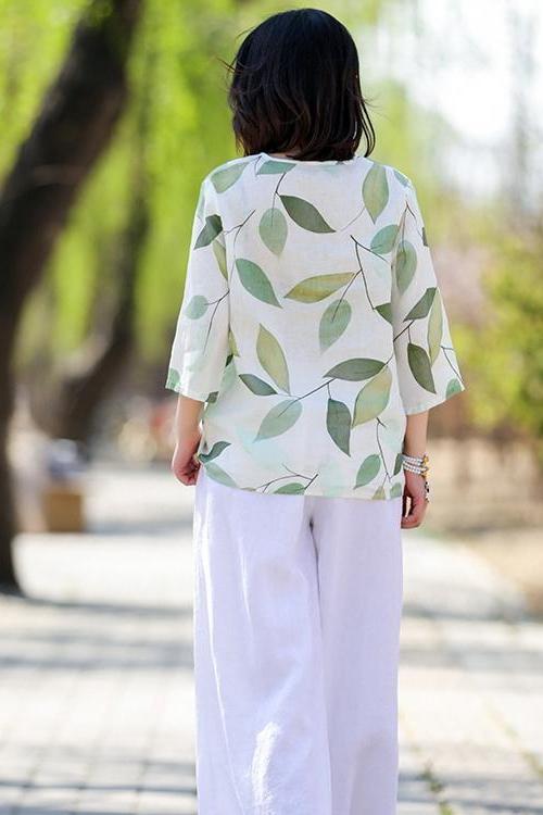 Green Print Cotton Linen Summer Tops Loose Blouse
