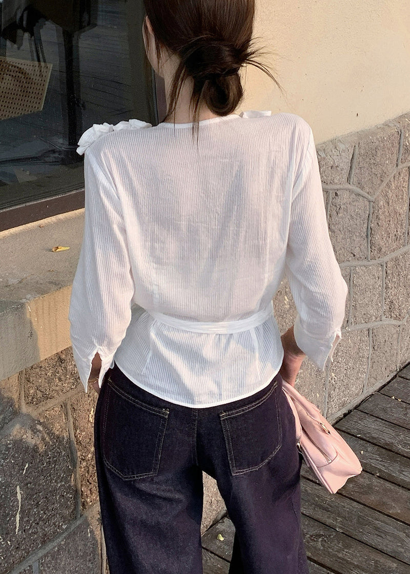 Slim Fit White V Neck Lace Up Cotton T Shirt Fall