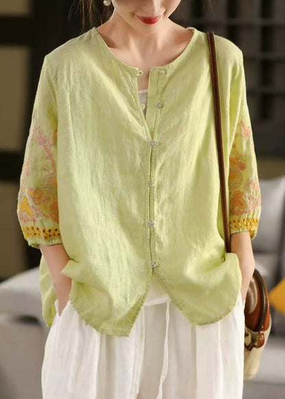 Light Green Embroidered Linen Shirts Bracelet Sleeve