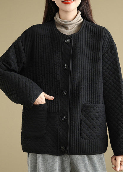Black Pockets Button Fine Cotton Filled Coat O Neck Spring