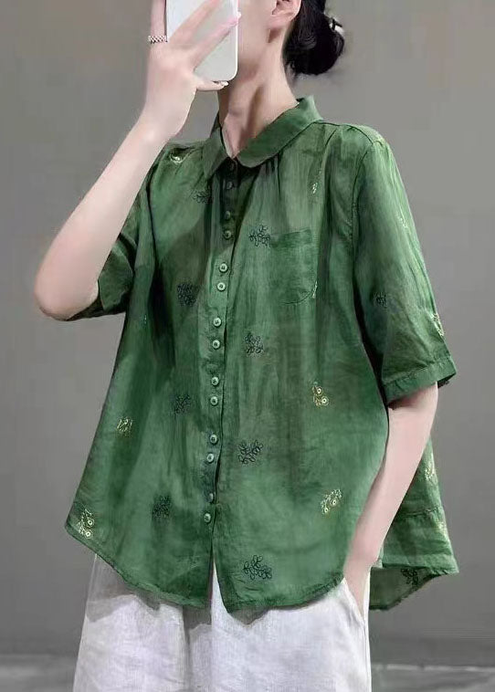 Green Peter Pan Collar Embroidered Patchwork Cotton Shirts Top Summer