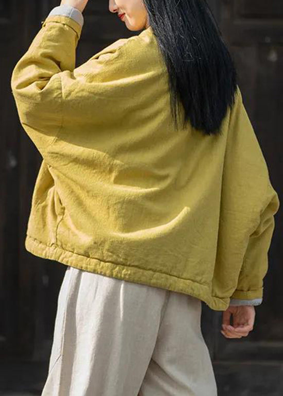 Yellow V Neck Pockets Fine Cotton Filled Coats Winter