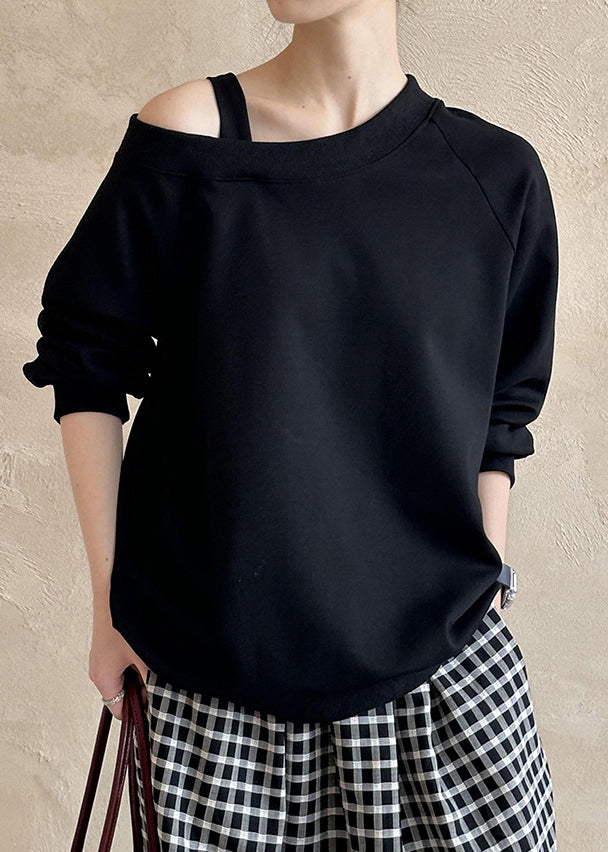 Black Cold Shoulder Cotton T Shirts Fall