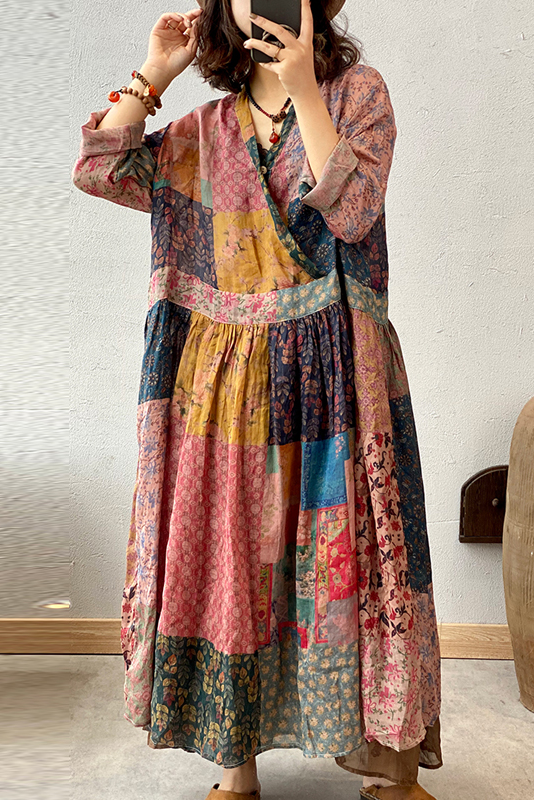 Summer Ramie Dress Patchwork Print Long Dress