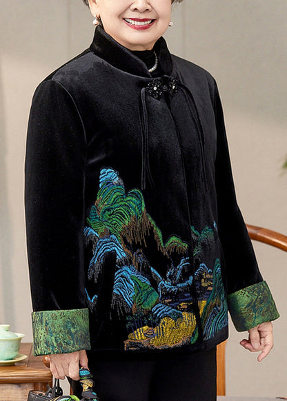 Coffee Print Pockets Silk Velvet Warm Coats Spring