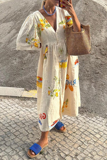 Character Print Buttons V Neck a Line Dresses