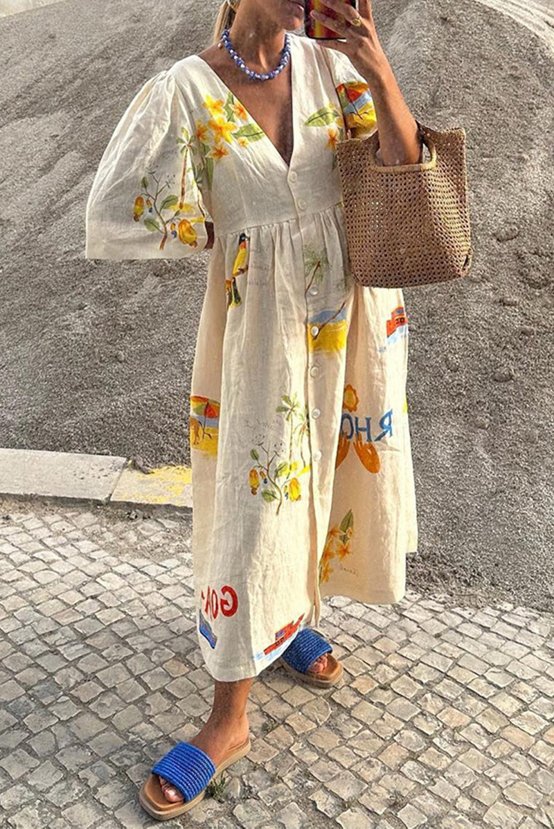 Character Print Buttons V Neck a Line Dresses