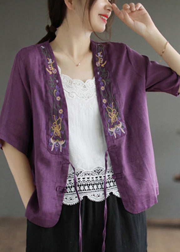 Red V Neck Embroidered Tie Waist Linen Top Short Sleeve