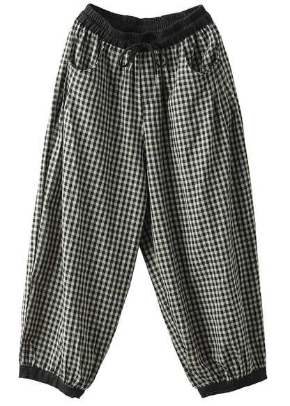 Black Plaid Elastic Waist Harem Pants Summer