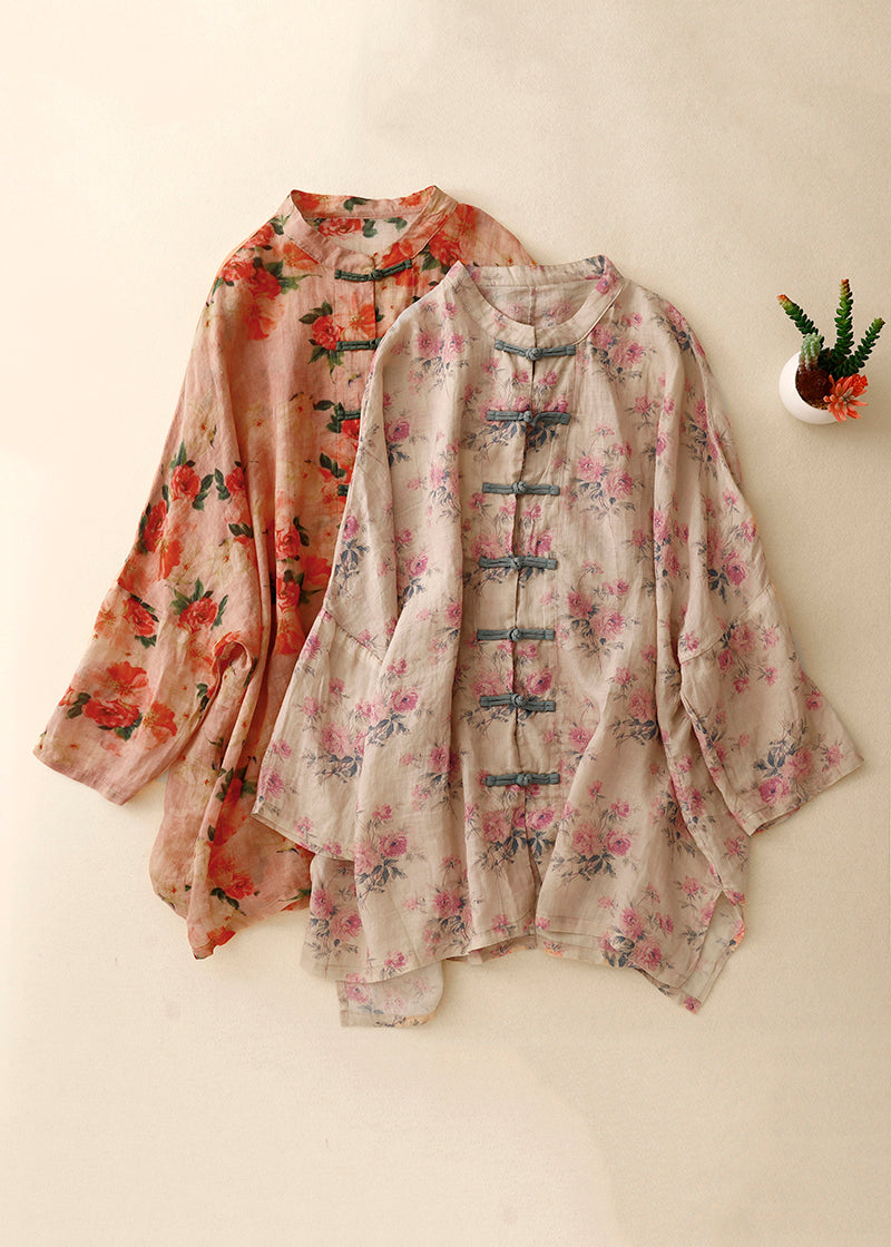 Pink Print Chinese Button Linen Shirts Spring