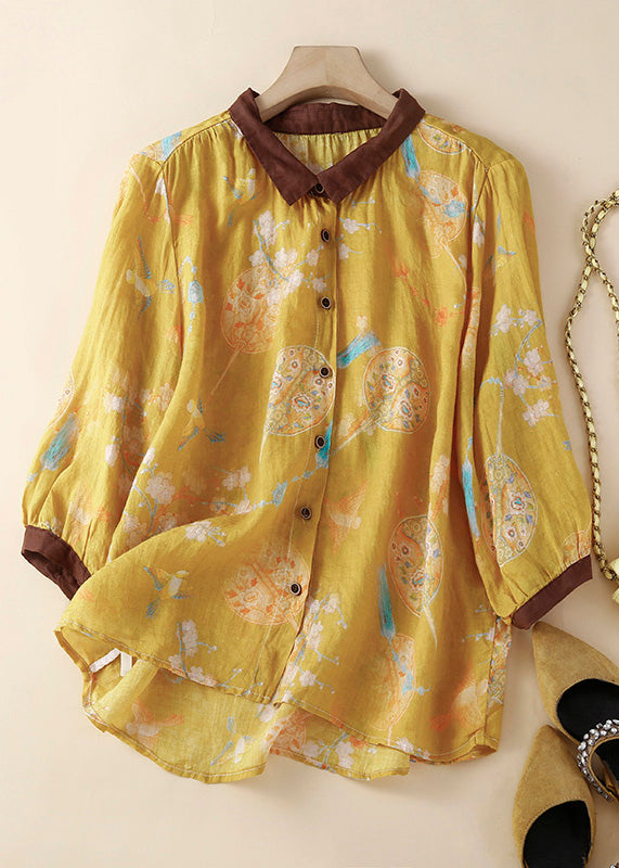 Yellow Peter Pan Collar Print Button Low High Design Linen Shirt Summer