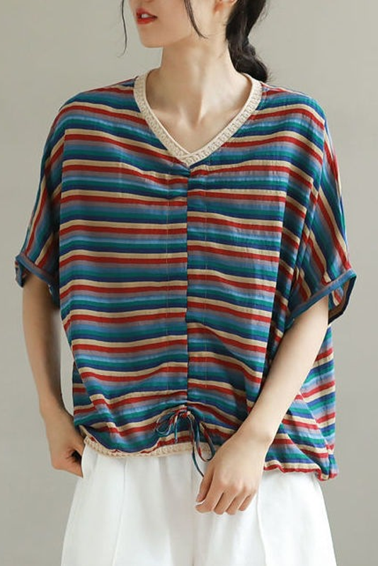 Summer Cotton T-shirt Short Sleeve Striped Tops