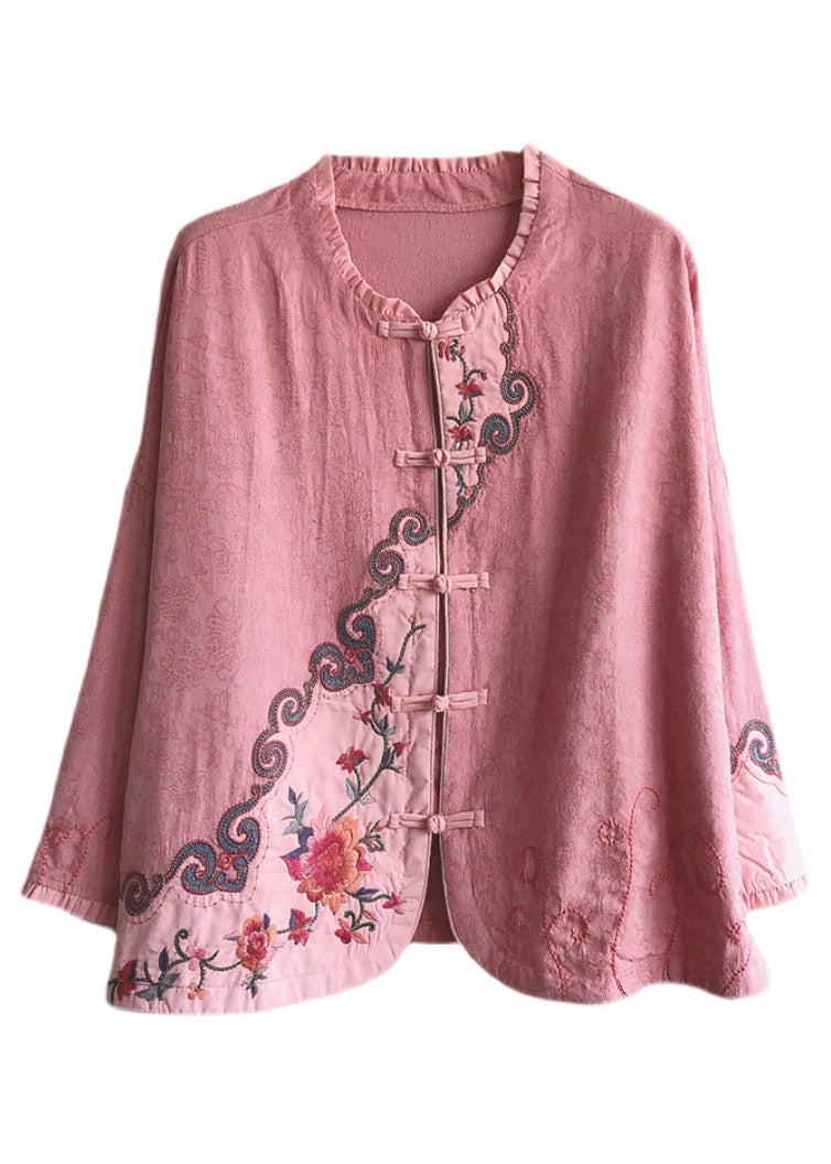 Pink Ruffled Embroideried Chinese Button Cotton Short Coat Spring