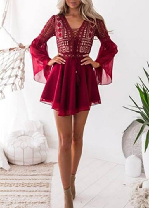 White Lace Hollow Out V-neck Lace Up Flared Sleeve Chiffon Dress