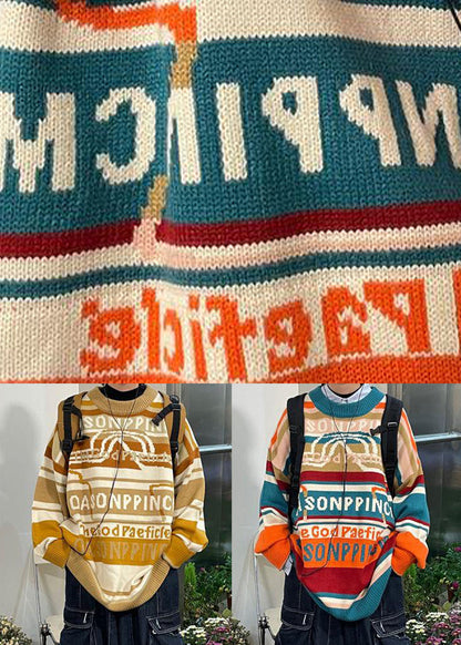 Blue Striped Letter Cotton Knit Sweaters Winter