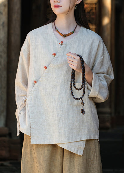 Button Lace Up Asymmetrical Cotton Blouse Tops Fall