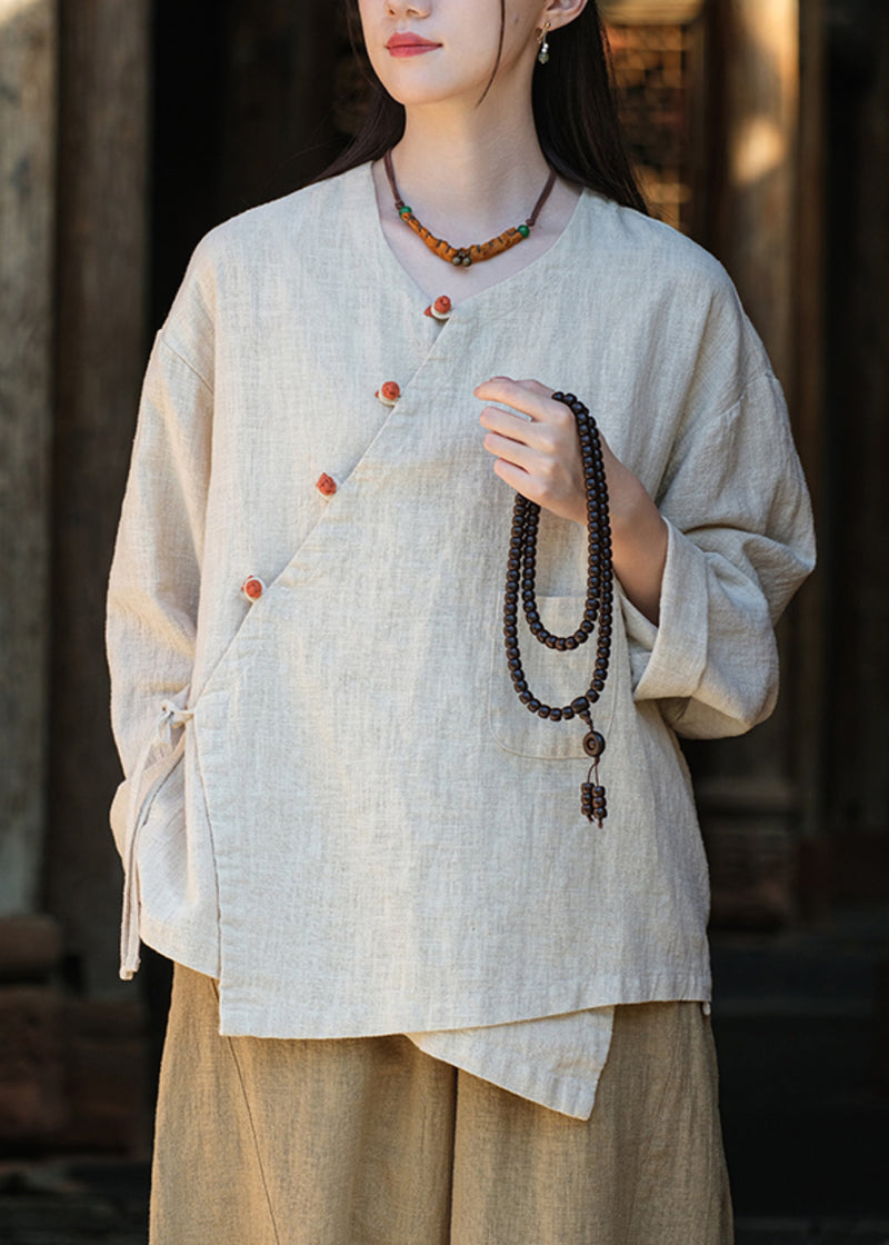 Button Lace Up Asymmetrical Cotton Blouse Tops Fall