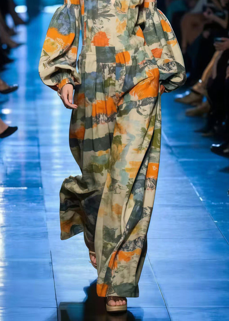 Cold Shoulder Print Cotton Jumpsuit Lantern Sleeve