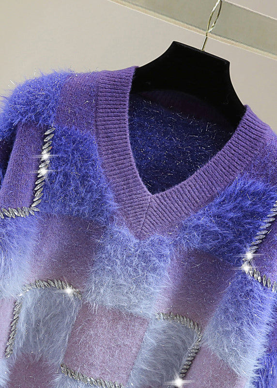 Gradient Color Blue O-neck Zircon Ma Hai Mao Cotton Knit Sweater Tops Winter
