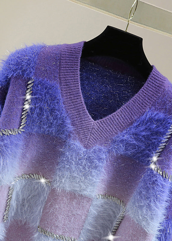 Gradient Color Blue O-neck Zircon Ma Hai Mao Cotton Knit Sweater Tops Winter