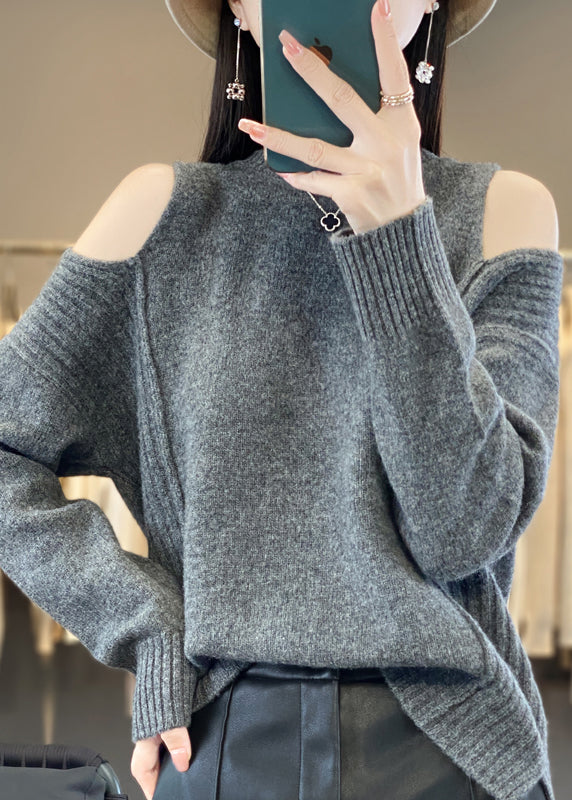 Style Grey O-neck Cold Shoulder Woolen Knit Sweaters Spring