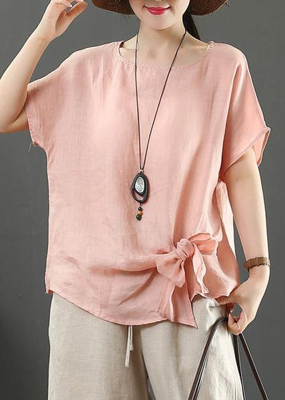 Navy Linen Cotton Blouses Sewing O Neck Bow Summer Blouses