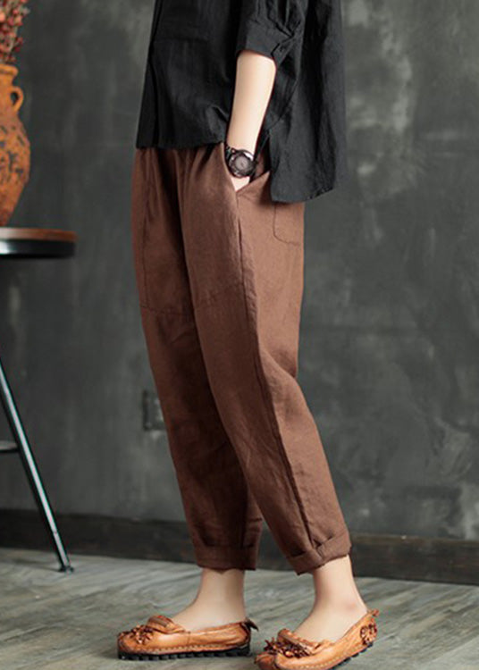 Coffee Elastic Waist Linen Crop Pants