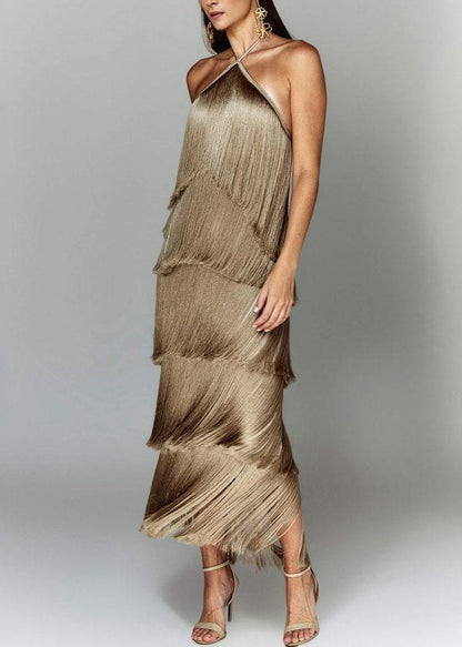 Camel Tassel Backless Halter Long Dress Summer