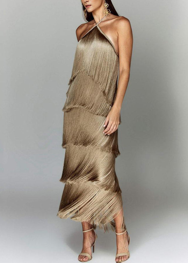 Camel Tassel Backless Halter Long Dress Summer