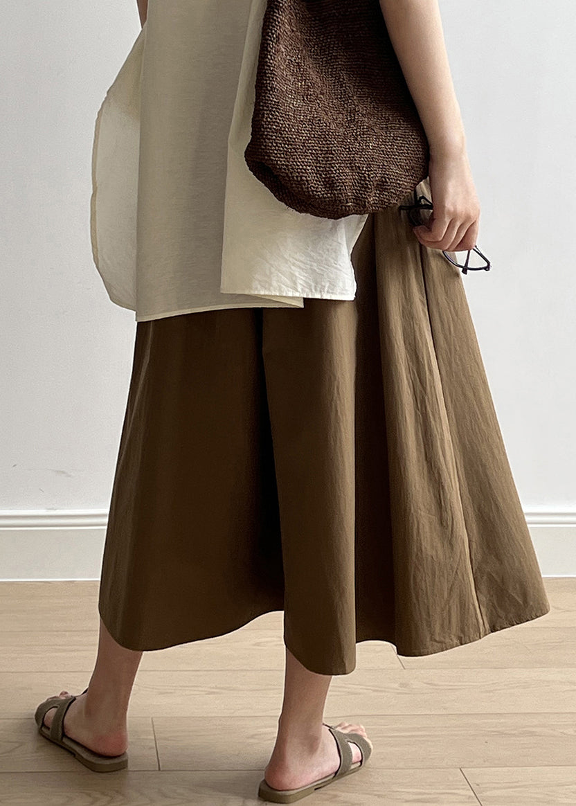 Brown Pockets Elastic Waist Cotton Crop Wide Leg Pants Summer