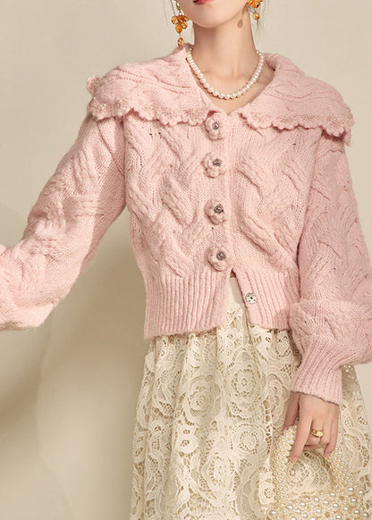 Pink Peter Pan Collar Nail Bead Knit Coat Winter