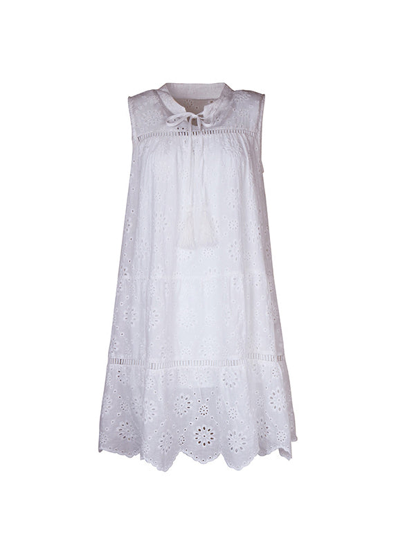 Brief White Stand Collar Hollow Out Mid Dress Summer