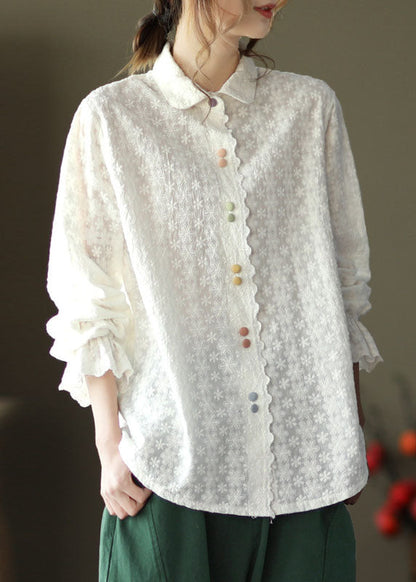 Classy White Peter Pan Collar Embroidered Cotton Shirts Top Long Sleeve