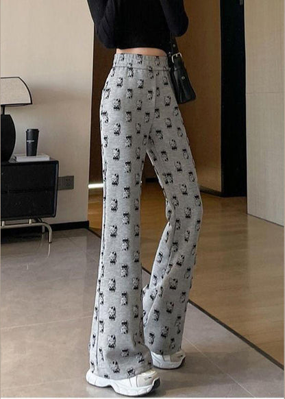 Grey High Waist Cartoon Print Cotton Flared Trousers Spring