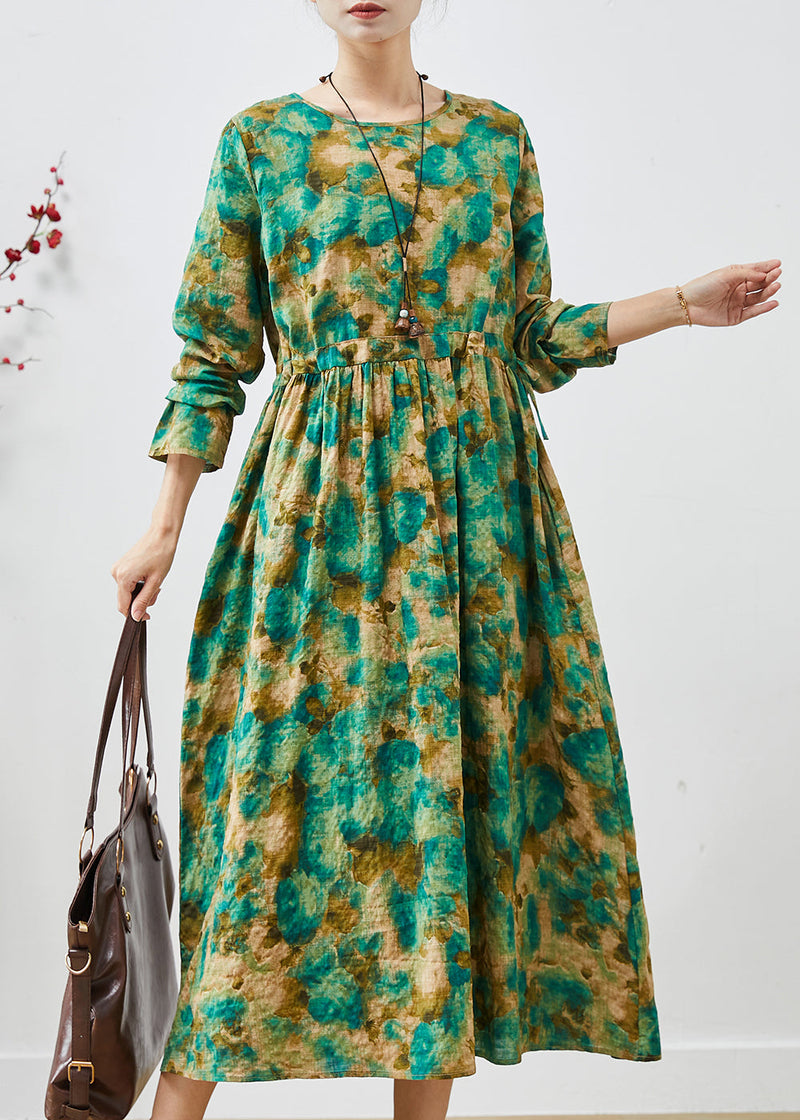 Green Cinched Print Cotton Long Dress Spring