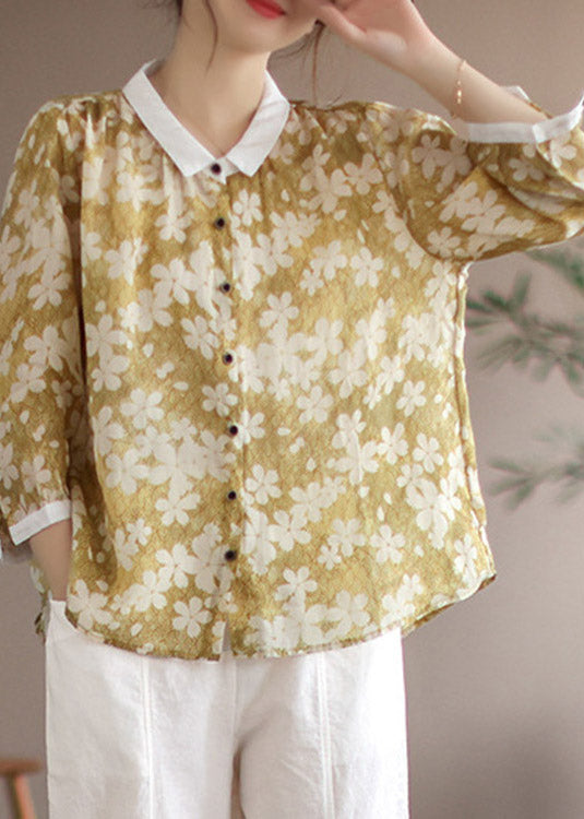 Yellow Peter Pan Collar Print Linen Shirt Long Sleeve