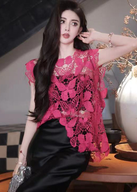 Rose Butterfly Hook Flower Hollow Lace Top Summer