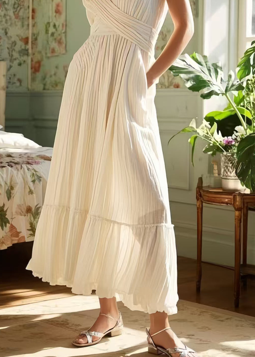 White Exra Large Hem Wrinkled Cotton Cami Dresses Summer