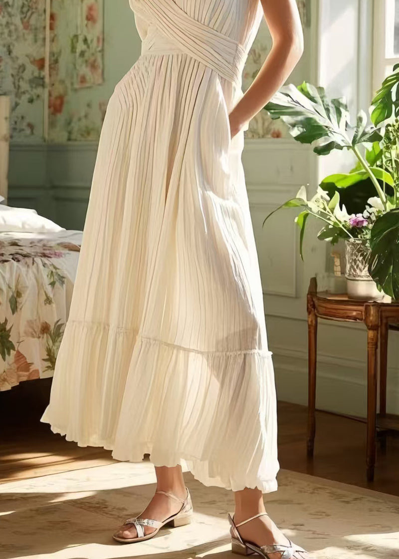 White Exra Large Hem Wrinkled Cotton Cami Dresses Summer