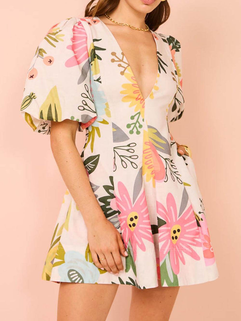 Puff Sleeve Print Pocketed Mini Dress