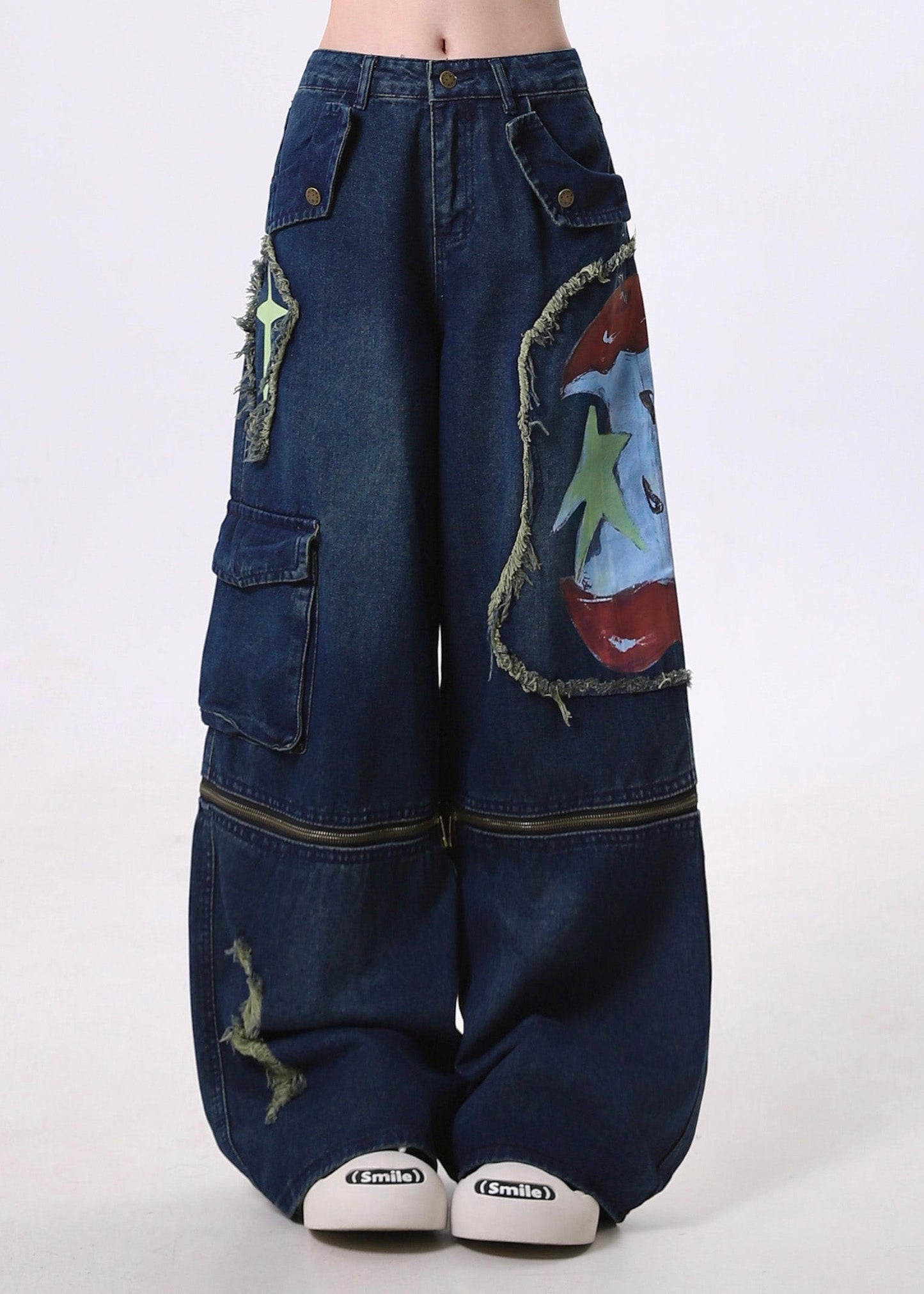 Fitted Navy Patchwork Wear on Both Sides Denim Ripped Pants Spring