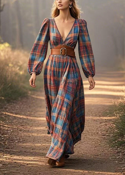 Brown Deep-v Neck Plaid Cotton Holiday Dresses Spring