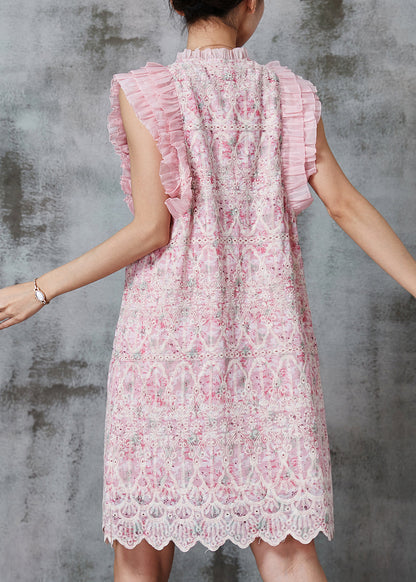 Pink Embroidered Wrinkled Silk Dress Summer