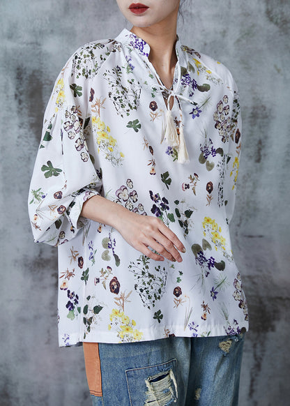 White Print Lace Up Chiffon Shirts Summer