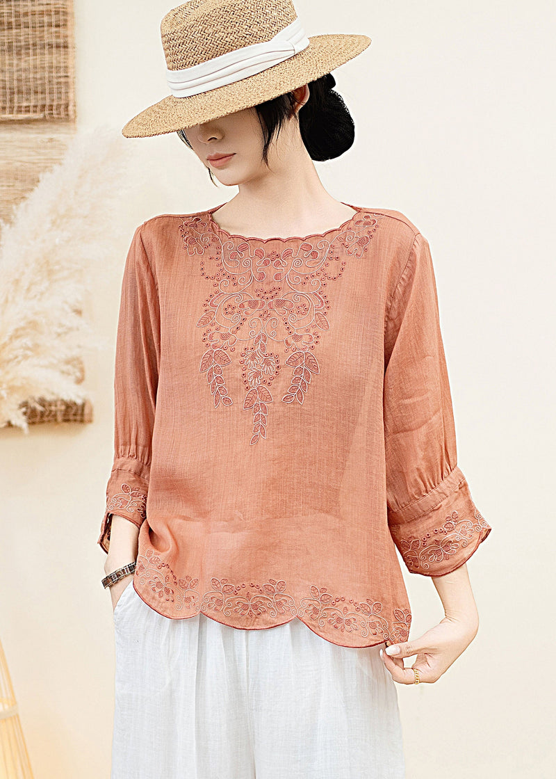 Orange O Neck Embroidered Linen Blouse Tops Summer