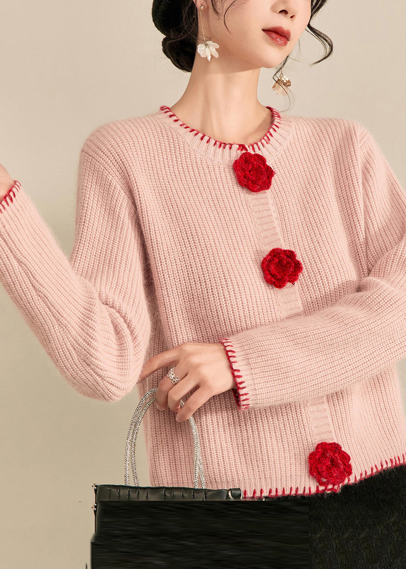 Art Pink Patchwork Button Cotton Knit Cardigan Spring