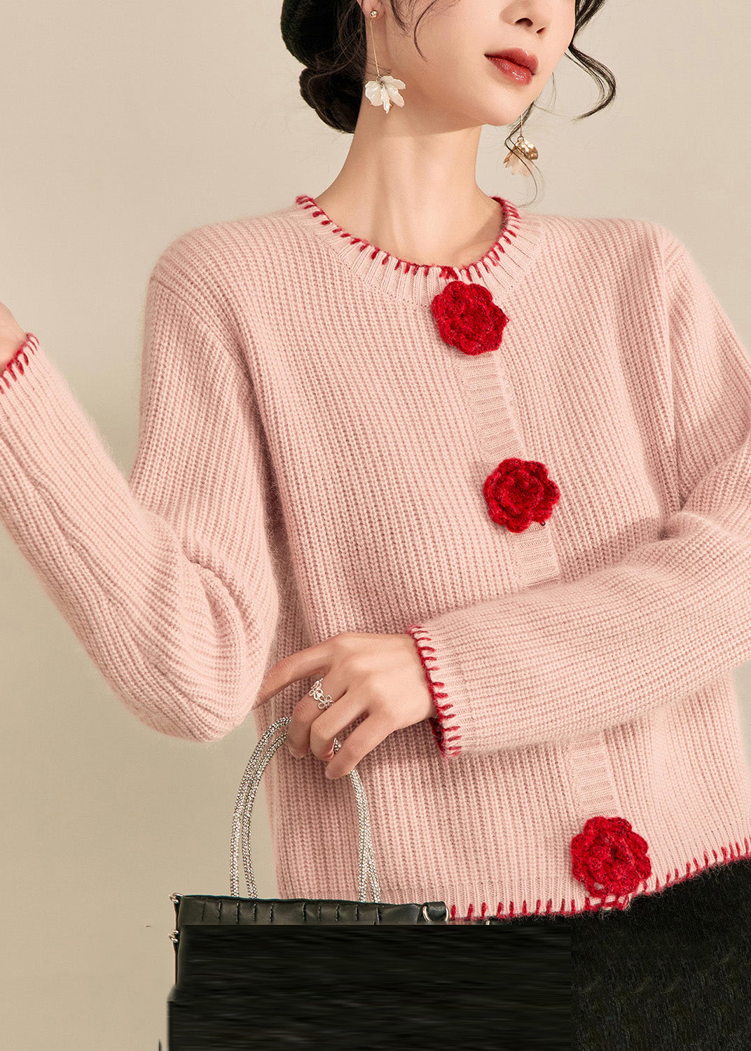 Art Pink Patchwork Button Cotton Knit Cardigan Spring