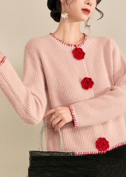 Art Pink Patchwork Button Cotton Knit Cardigan Fall