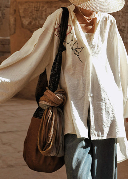 White Stand Collar Rose Cotton Top Lantern Sleeve