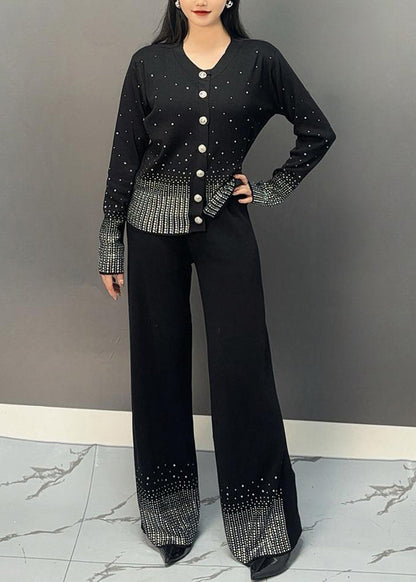 Classy Black V Neck Dot Print Knit Top and Wide Leg Pants Two Pieces Set Winter